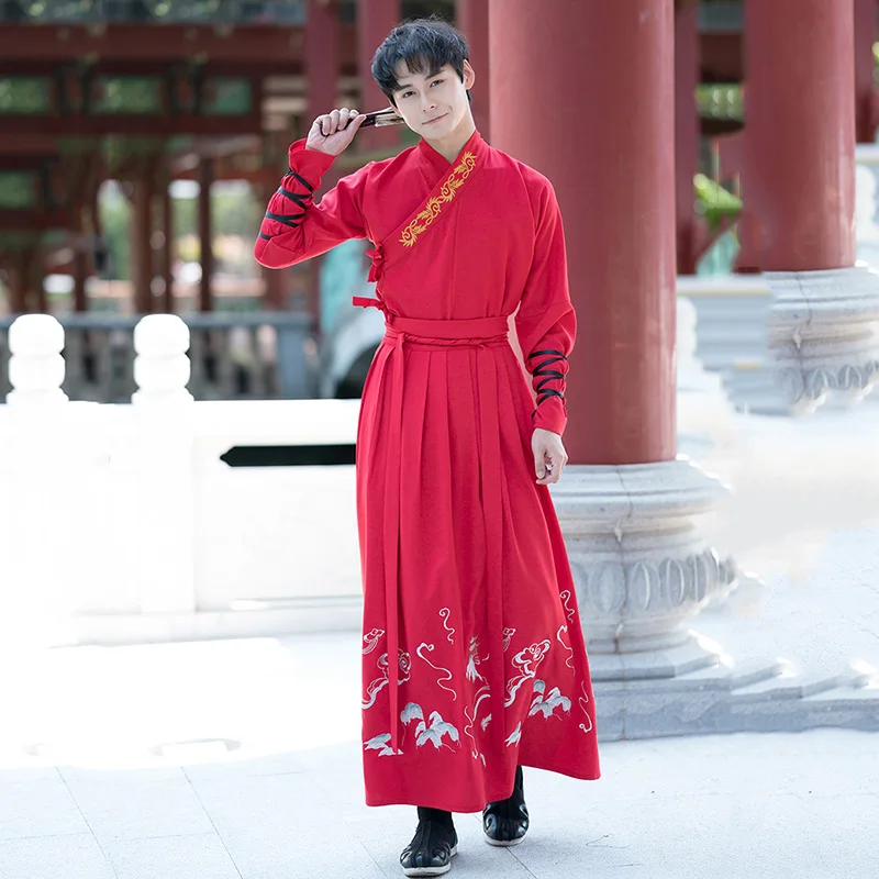 Красный Вышивка Hanfu для женщин и мужчин китайские танцевальные костюмы народная фея платье праздничный наряд Свадьба рейв представление одежда DC3179