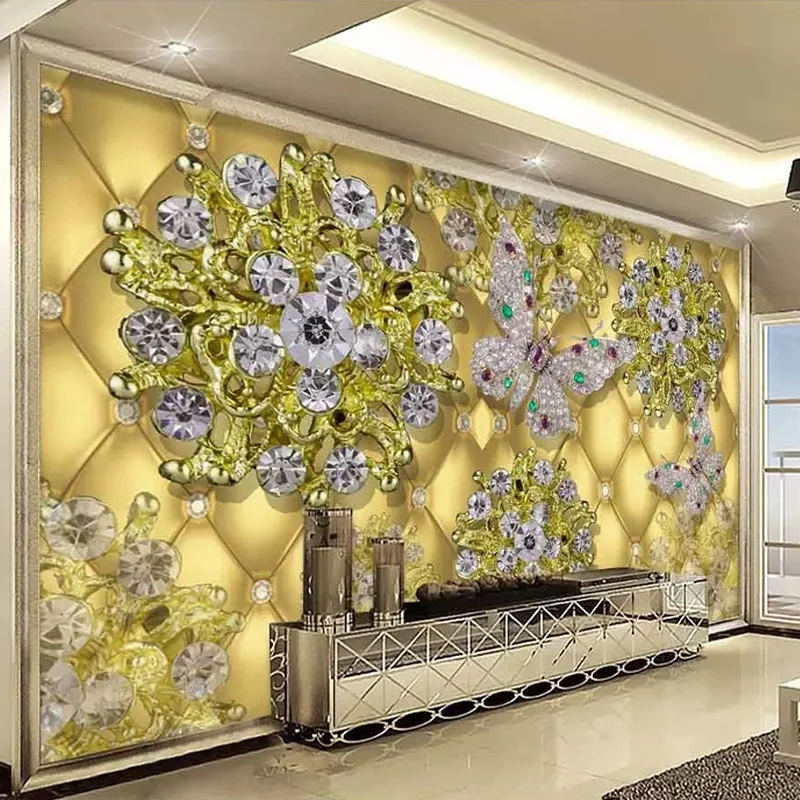 

Dropship Photo Wallpaper European Style 3D Luxury Gold Jewelry Diamond Flower TV Background Wall Painting Hotel Mural Decor