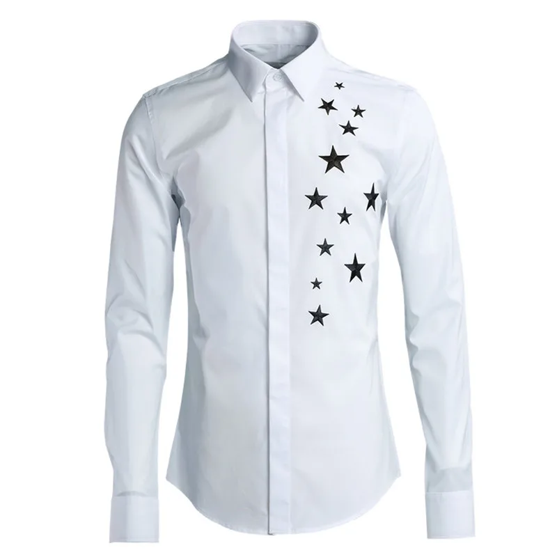 Белая рубашка с вышивкой со звездами Мужская Camisa Masculina, роскошная брендовая мужская приталенная Повседневная рубашка на пуговицах, рубашка-смокинг