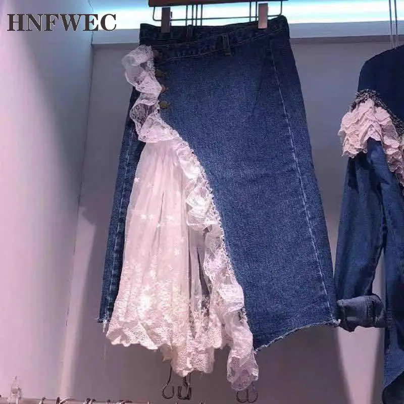 

Summer 2020 Fashion Denim Patchwork Asymmetrical Mesh Lace Singel Breasted High Street Skirt Women Fashion Tide E206