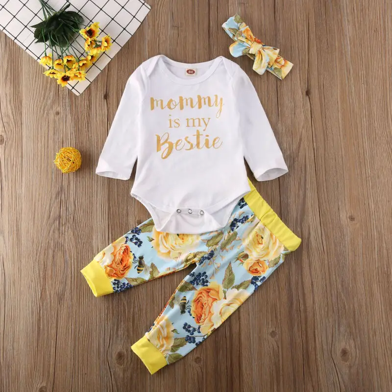 Комбинезон с принтом «Mommy is my bestie»+ штаны с цветочным принтом; повязка на голову; комплект из 3 предметов для новорожденных; одежда для маленьких девочек