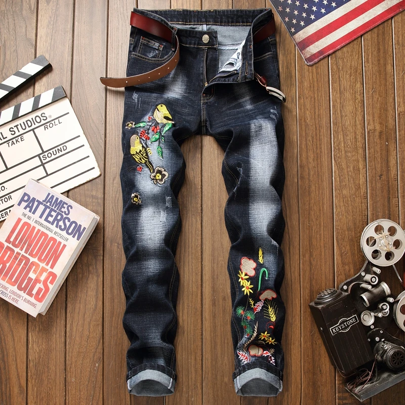 

Ripped jeans men distressed black floral embroidery homme denim trousers plus size 29-38 male Gothic style straight jeans man