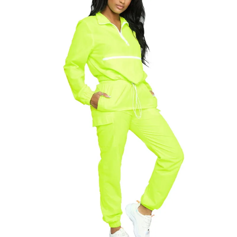 

Classic Patchwrok Sport Two Piece Set Women Fluorescence Winter Sportswear Zipper Sweatshirt+Pencil Jogger Tracksuit Set