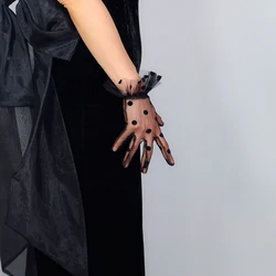 TULLE GLOVES Lace Semi Sheer Mesh 25cm Short Black Ruffle Hem Elastic Cuffs Big Dots Women Evening Gloves Touch Screen WWS14