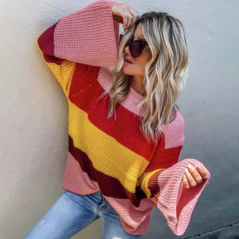 Women Casual O Neck Rainbow Stripe Loose Knitted Sweater Colorful Flare Sleeve Cotton Pullover Female Autumn Winter Streetwear | Женская