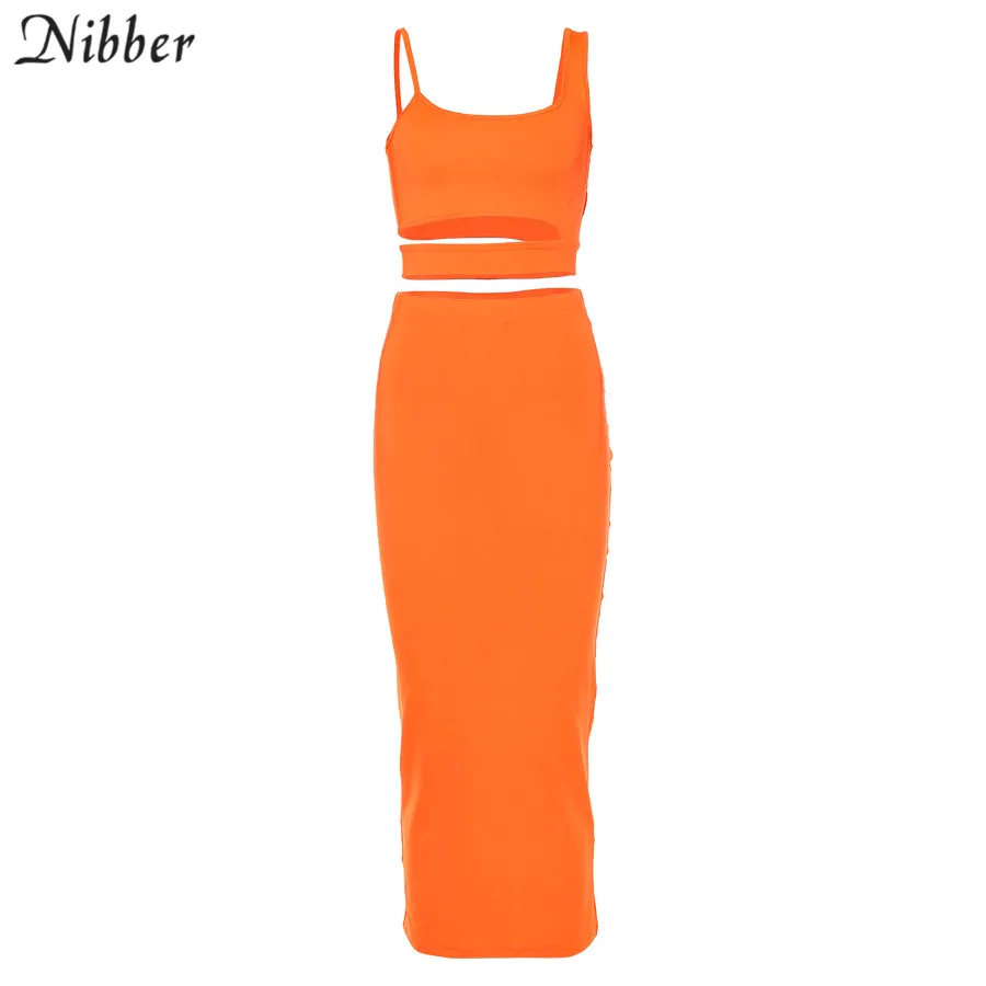 Nibber осенние Клубные вечерние ночные сорочки из 2 предметов женские неоновые облегающая юбка миди полые camis летний офисный костюм для дам mujer - Цвет: Оранжевый