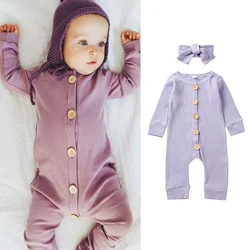 Children Baby Cotton Jumpsuits with Headband Kids Girls Autumn Rompers Infants Clothes