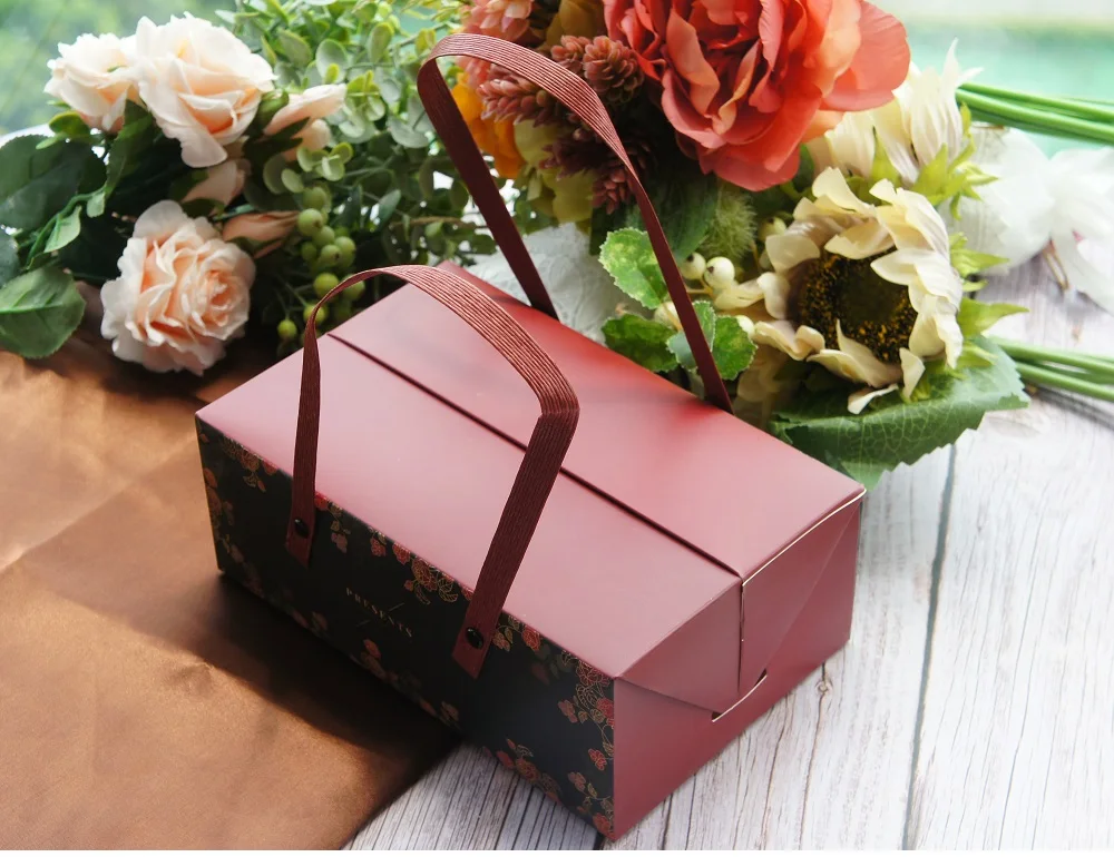 2 Size 5pcs Wine Flower Black Style Paper Box with Handle Roll Cake Candy Cookie Chocolate Gift Packaging Wedding Use