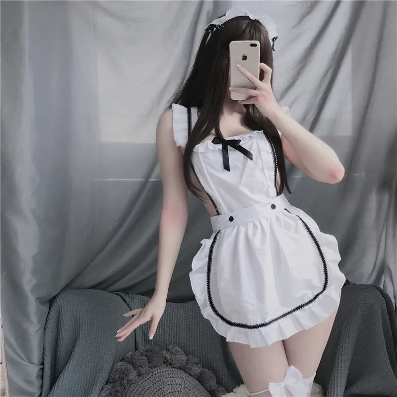 OJBK Anime Maid Cosplay Costumes White Coffee Bar Waitress Cos Outfit Hollow Out Design For Women Sexy Lingrie Uniform New