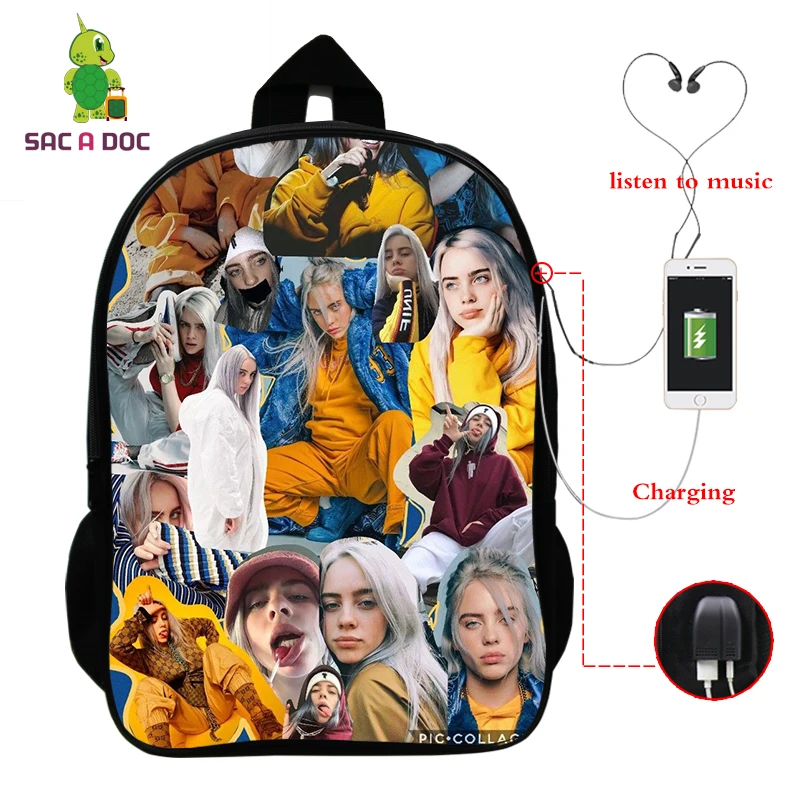 Рюкзак Mochila Billie Eilish, школьные сумки для подростков, девочек, мальчиков, рюкзак, женский рюкзак, USB зарядка, многофункциональный рюкзак для путешествий