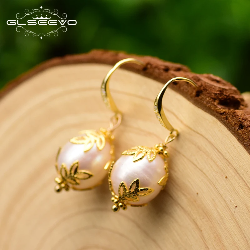 

GLSEEVO Original Natural Fresh Water Baroque White Pearl Earrings For Women Wedding Handmade Earrings Silver 925 Jewelry GE0320
