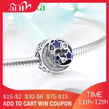 

100% 925 Sterling Silver hollow Moon and Star Goodnight women Charm Beads Fit Original European Bracelet DIY Jewelry making