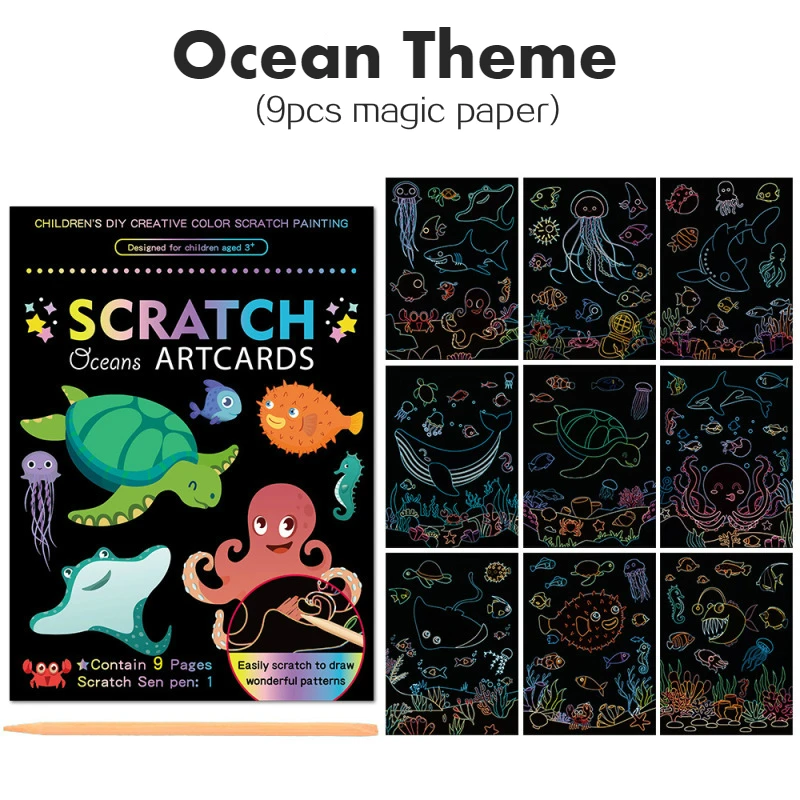 9Pcs/Set Magic Rainbow Color Scratch Art Painting Paper Card Kit Cartoon Dinosaur Unicorn Drawing Board Kids DIY Educational Toy 10