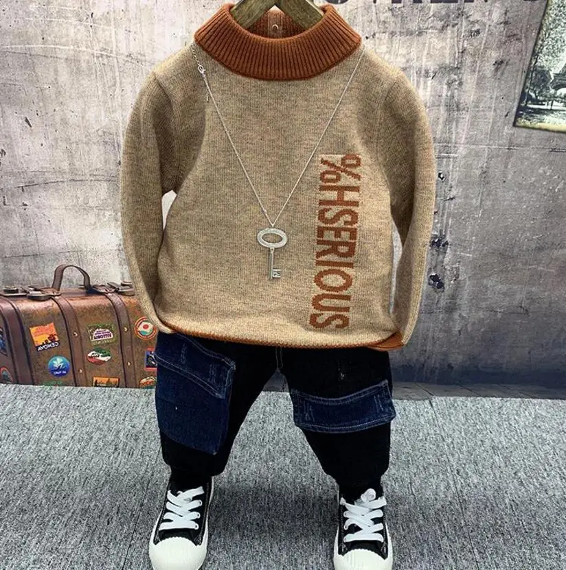 Boys Sports Kids Clothes Fashion Clothes Baby Boys Clothing Sets winter Children's Warm knit sweater,thick jeans 2pcs Suits 2-6Y