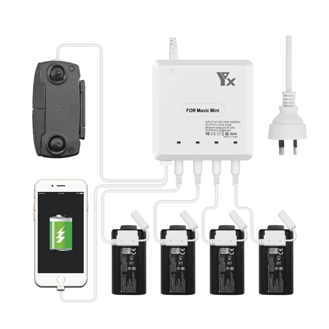 Mega Discount VHL HOBBYINRC Mini Portable 4 Battery Charger USB Port Intelligent Charging Adapter for DJI MAVIC MINI Drone - US/EU/UK/AU Plug 