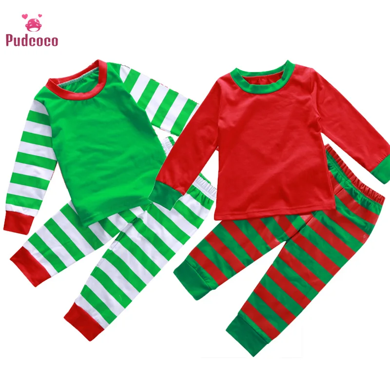 Pudcoco/брендовый осенний комплект одежды для малышей с надписью «My First christmas»; полосатые пижамы для мальчиков; Детские пижамы для девочек; комплект одежды для сна