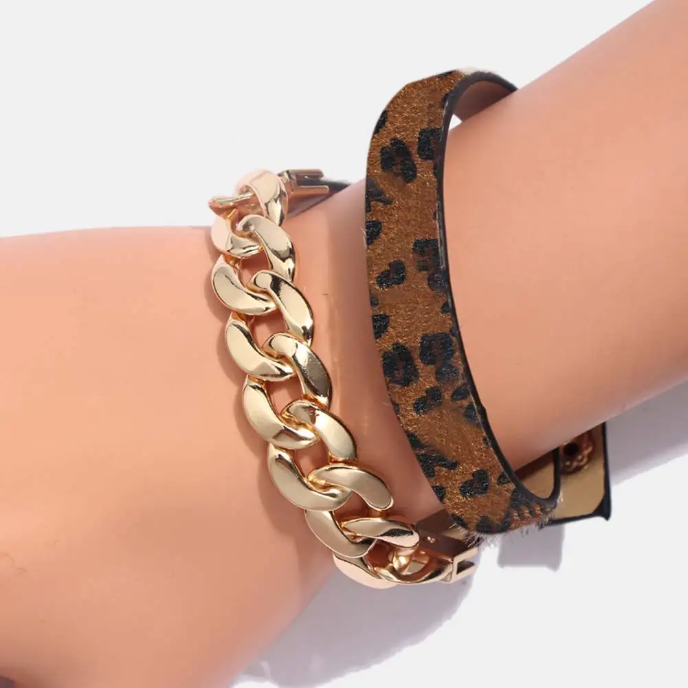 Flatfoosie Fashion Leopard Print Bracelet&Bangle For Women Bohemian Leather Vintage Gold Color Wide Cuff Bracelets Jewelry Gifts