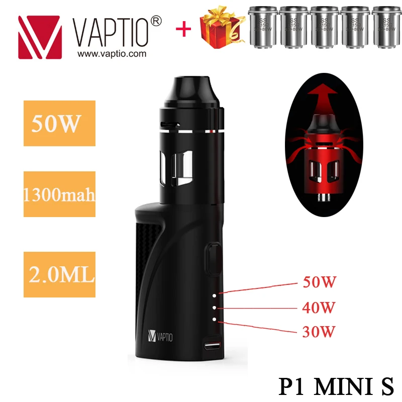 

gift 5pcs coils Vaptio P1 Mini S Kit with 1300mAh built in battery vape mod 50W Vape KIT 2.0ML atomizerl vaporizer e cigarette