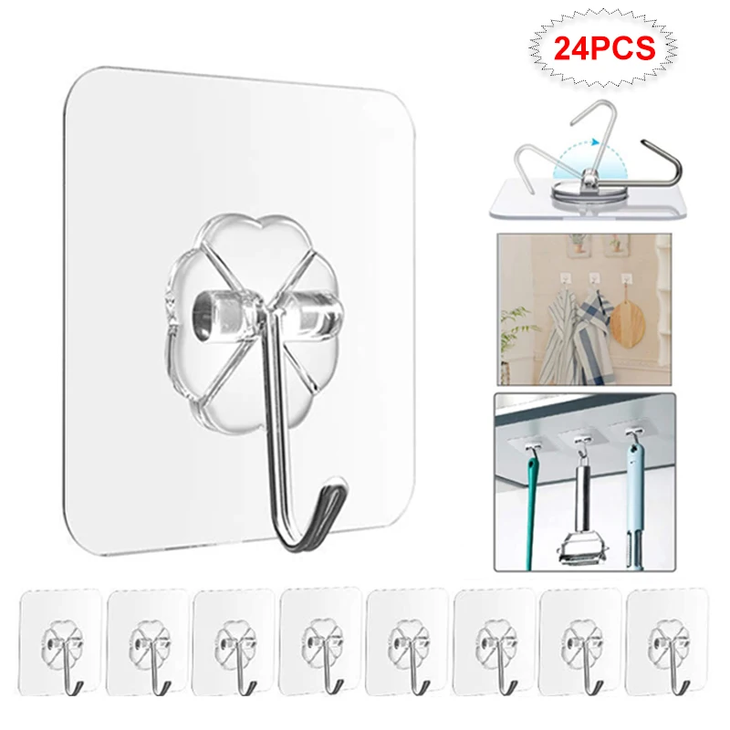 24 uds de pared transparente ganchos resistente al agua y al aceite ganchos autoadhesivos reutilizable sin gancho colgante para la cocina cuarto de baño de la oficina