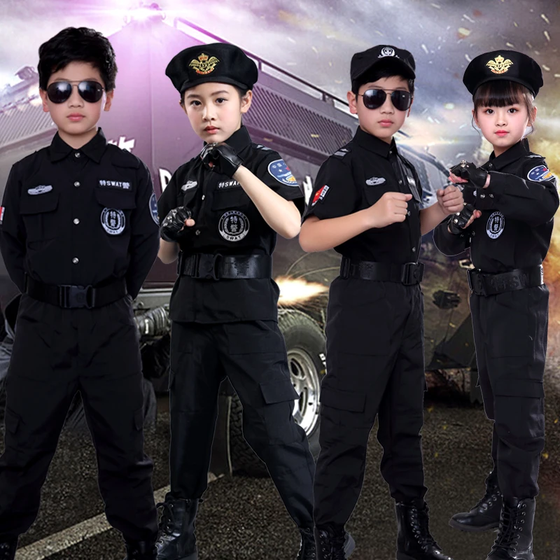Костюм Полицейского для мальчиков и девочек; Детский костюм для костюмированной вечеринки; Униформа армейской полиции; комплект одежды с длинными рукавами; униформа для боевых выступлений