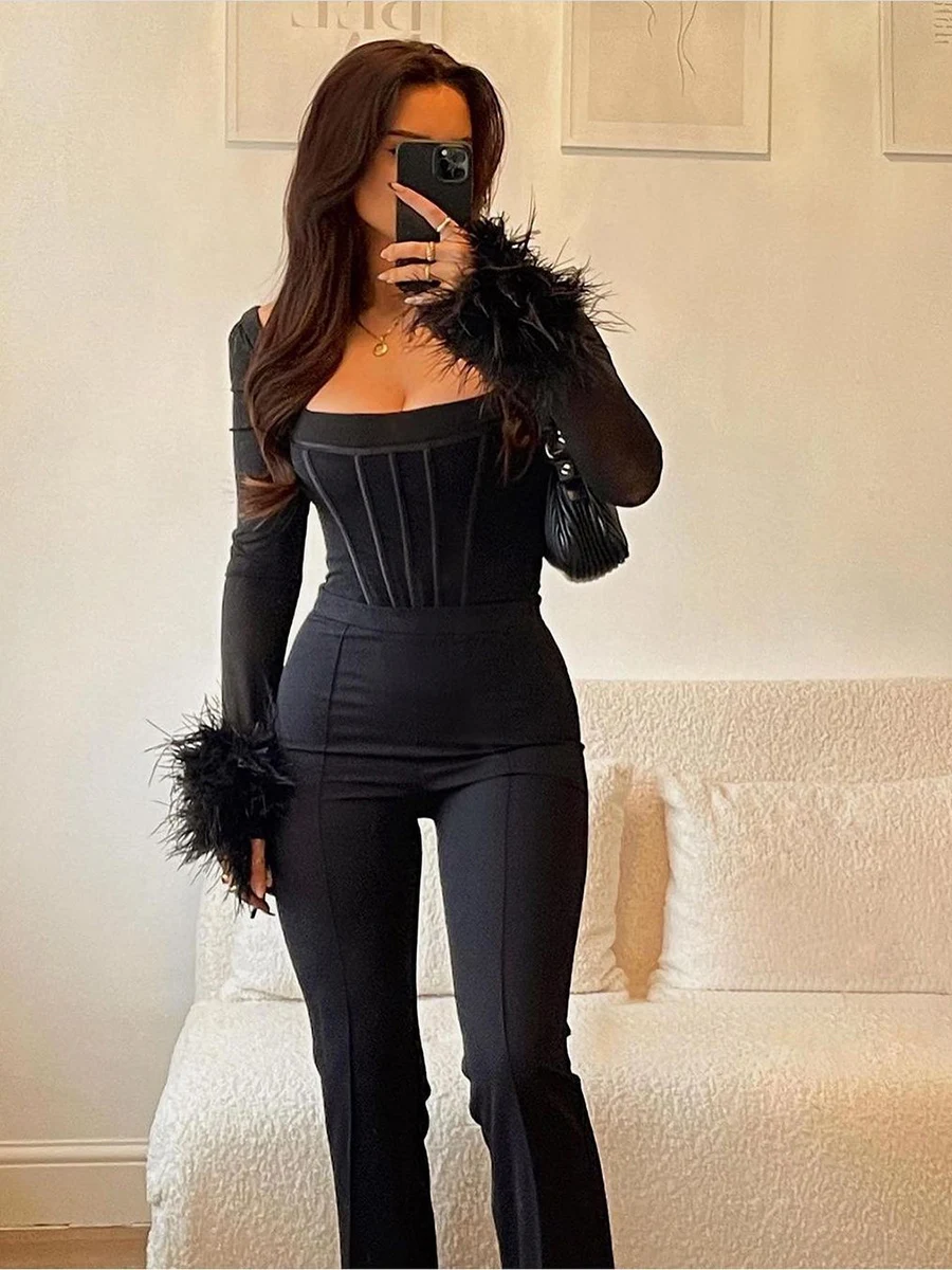 Chicology mesh feather corset long sleeve top women sexy t shirt 2022 spring summer clothes sexy tshirt Y2K bodice t shirt oversize