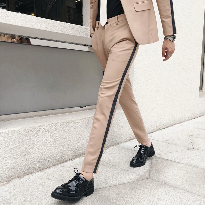

Pantalon Homme Slim Fit Side Stripe Trousers Calcas Sociais Formal Mens Suit Pants Tight Vestido Hombre Office Elegant Pants Men