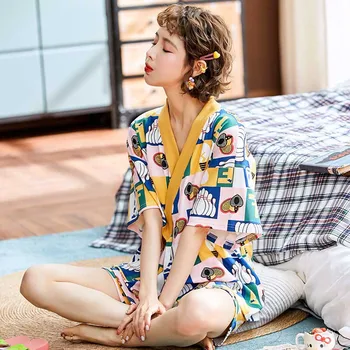 

Women Summer Short Sleeve Pajamas Set Cute Cartoon Printed Japanese Kinomo Style Sleepwear Ladies Comfort Cotton ins Homewear