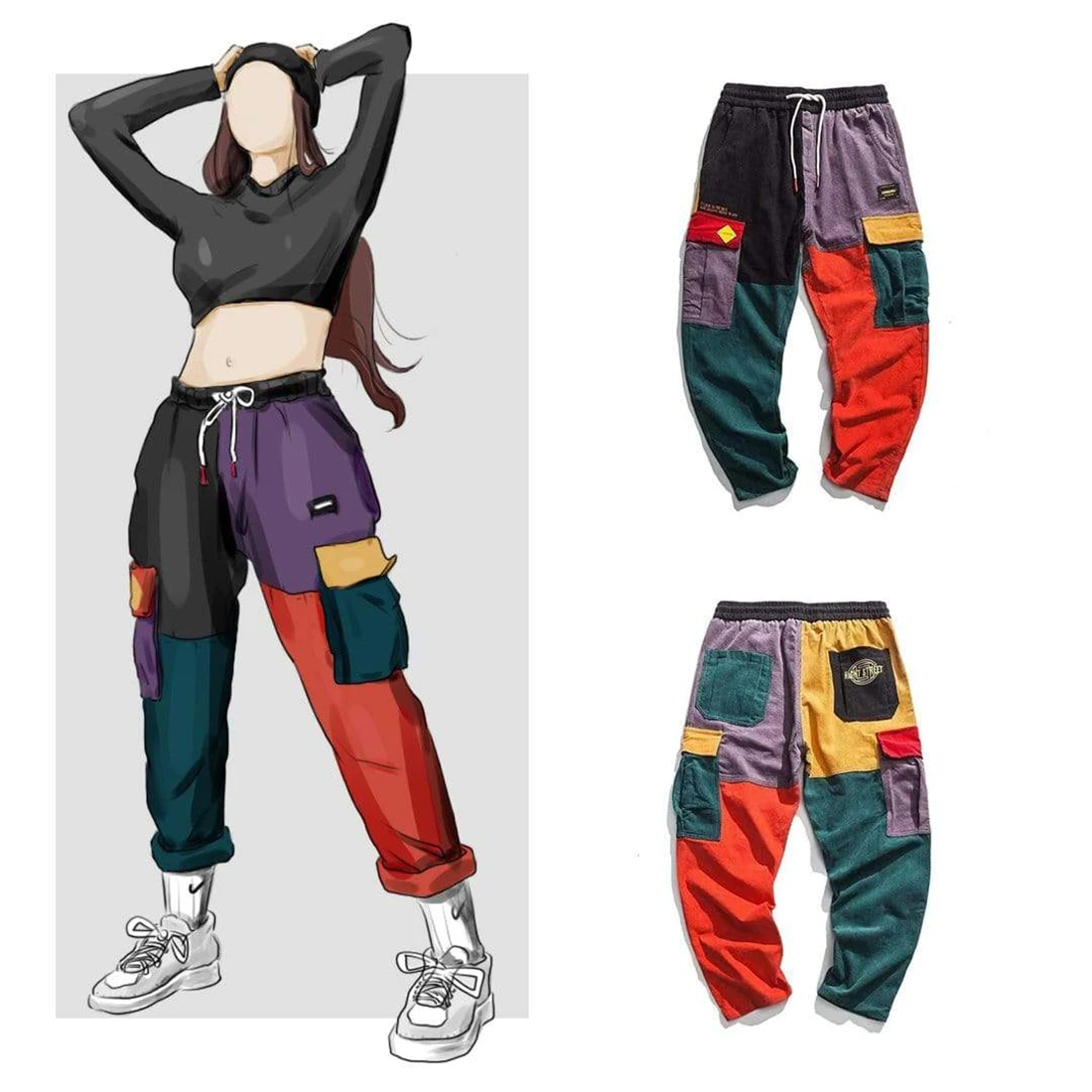 ATSUNSET Color Stitching Cargo Pants Pocket Casual Streetwear Harajuku Sweatpants Male Hip Hop Trousers