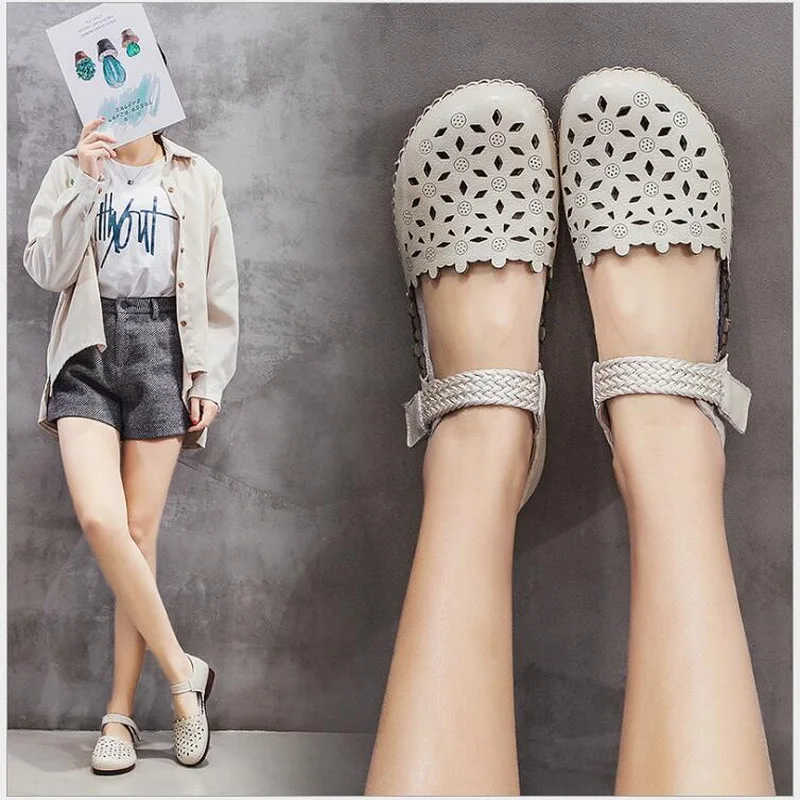 2020 New Womens Roman Hook&Loop Flat Sandals Closed Toe Summer Cowhide Gladiator Sandals Hollow Out Flats Female Shoes