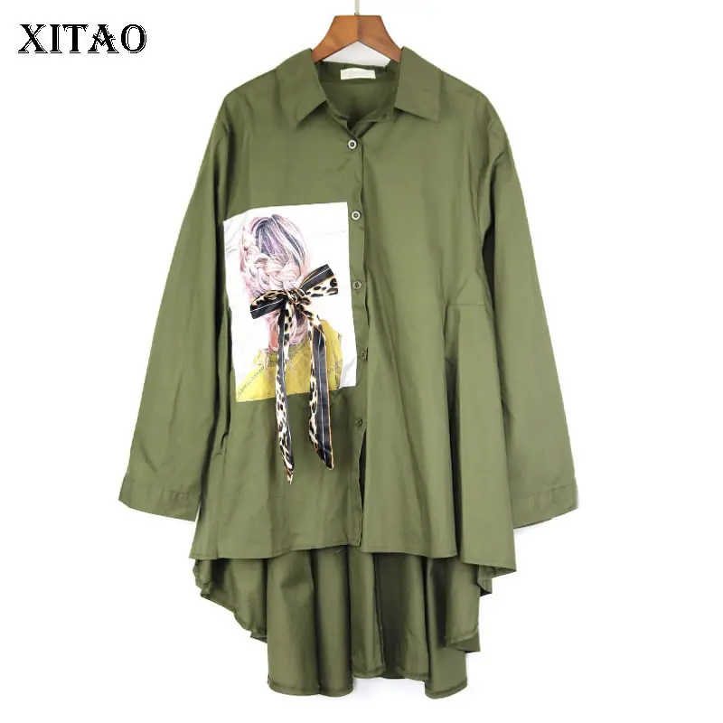 

XITAO Irregular Bow Blouse Women Korea Fashion Pleated Print Pattern Single Breasted Autumn Patchwork Minority Shirt ZLL4324