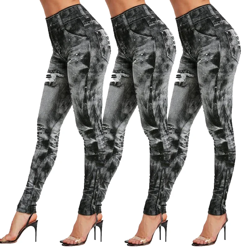 3pc black Женские Штаны Для Йоги, повседневные тонкие леггинсы, Стрейчевые Джинсовые леггинсы, джеггинсы, весна-осень, Джинсовые леггинсы, синие плиссированные тонкие универсальные - Цвет: 3pc black