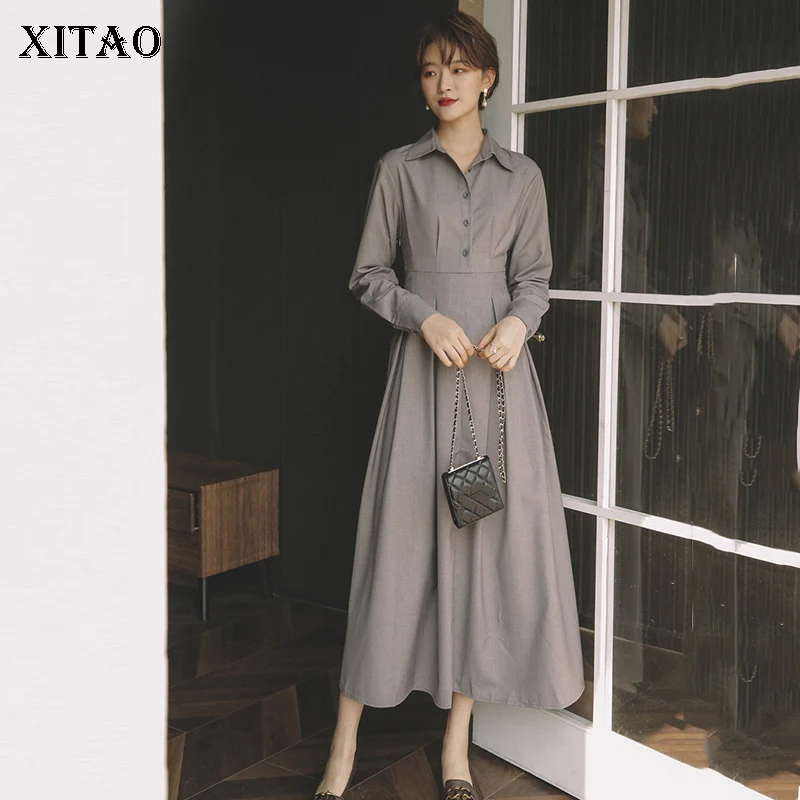 XITAO Grey Vintage Dress Women Elegant Long Sleeve Dresses Turn Down Collar Slim Was Thin Temperament Women Clothes DMY2296