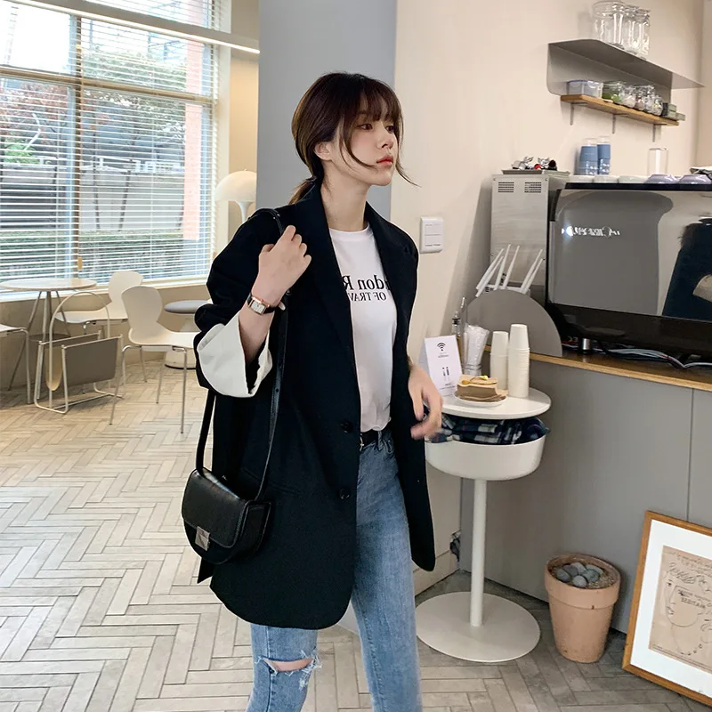 

Black And White with Pattern Small Suit Coat Women's Loose And Plus-sized Suit 2019 Autumn New Style Network hong yang Gas Casua