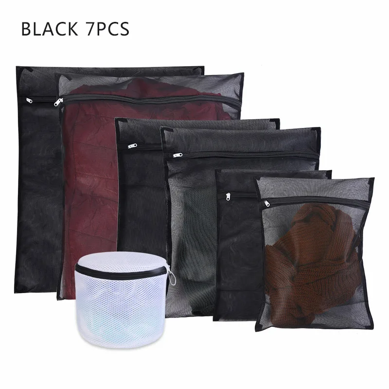 7pcs black Молнии сетки мешки для стирки белья складной деликатное белье бюстгальтер носки Нижнее белье стиральная машина защита одежды Сетка - Цвет: 7pcs black