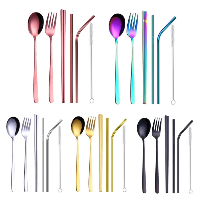 Stainless Steel Cutlery Set Five-piece Suit Linen Bag Tableware Travel Outdoor Office Picnic Barbecue D6