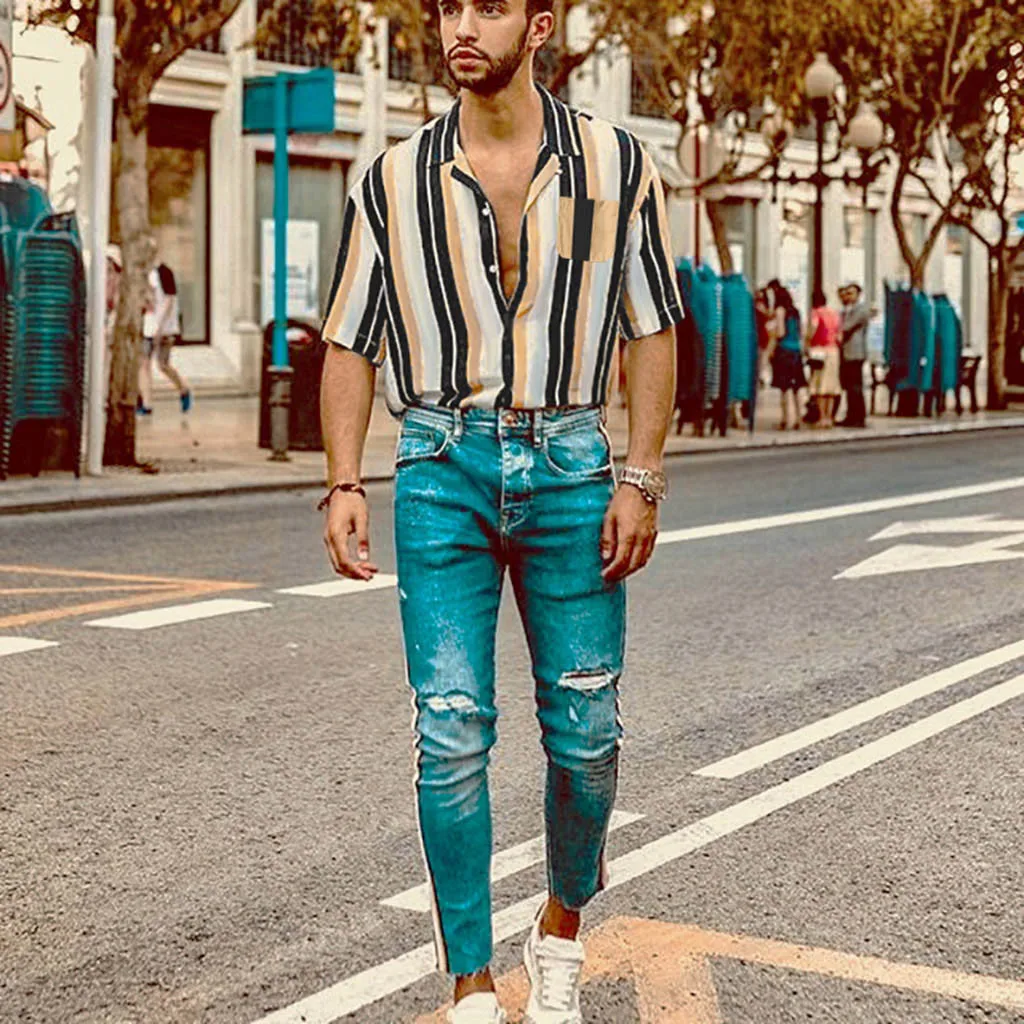 Camisa Masculina, мужские летние модные рубашки, повседневные рубашки в полоску, топ с коротким рукавом, блузка