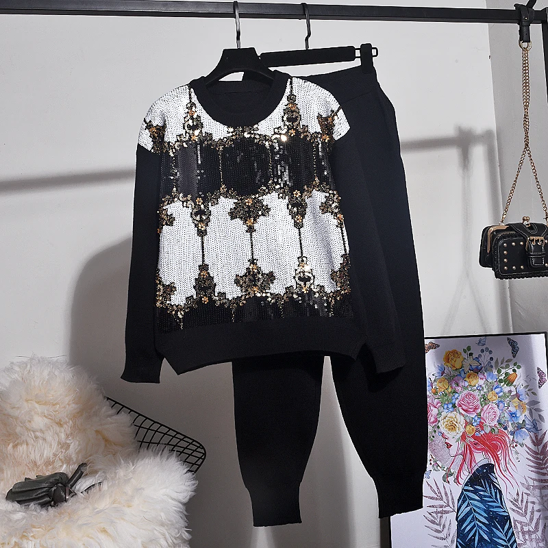 

Autumn Winter New Pullover Women Fashion Sequin Long sleeve Loose knitted Sweater + Casual Knit set Women Pants Two Piece Sets