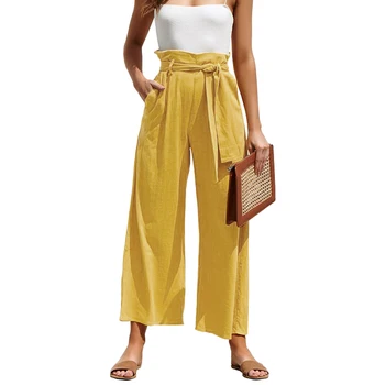 

2020 summer solid wide leg pants women loose trousers ladies high waist ankle length with sashes pockets casual pantalon femme