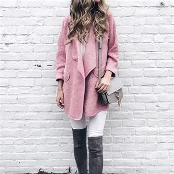

Fashion Women Lapel Casual Solid Color Autumn Jacket Long Sleeve Loose Cardigan Warm Long Fleece Coat