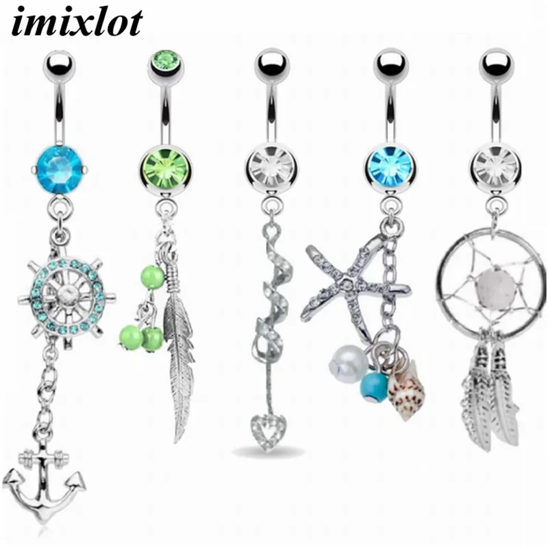 1 set Sexy Crystal Starfish Dream Catcher Bars Belly Button Rings Dangle Body Navel Piercing Rings Jewelry for Women