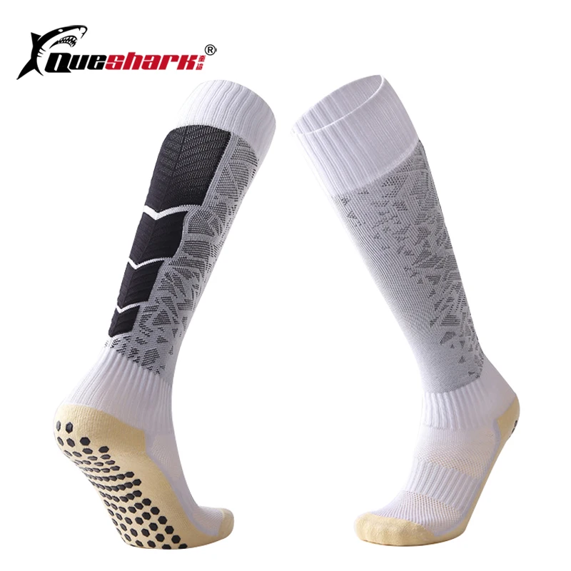 

QUESHARK Men Anti-slip Towel Bottom Football Socks Stripe Pattern Sports Football Long Stockings Durable Soccer High Socks
