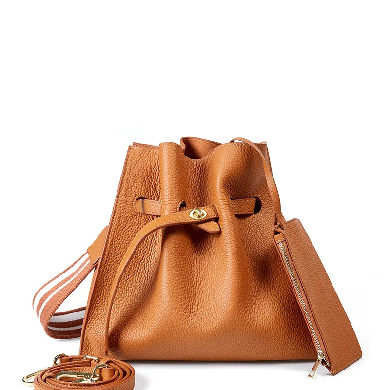 Brand Design Real Cow Leather Ladies HandBags and Purse Women Genuine Leather Composites Bags High Quality Wide Strap Bucket Bag - Цвет: BROWN