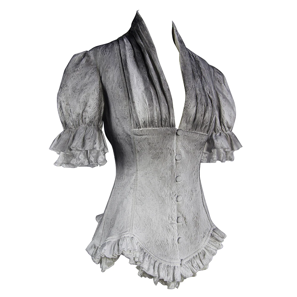 Готическая рубашка с рюшами для женщин Викторианский лепесток рукав серый хлопок рубашки Глубокий V образным вырезом Формальные Блузки