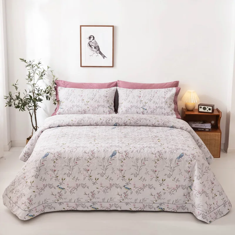

100% cotton Quilted flowers birds patterns Bedspread Bed Cover Bed Sheet size 245x250cm quilt blanket Pillowcases 3pcs