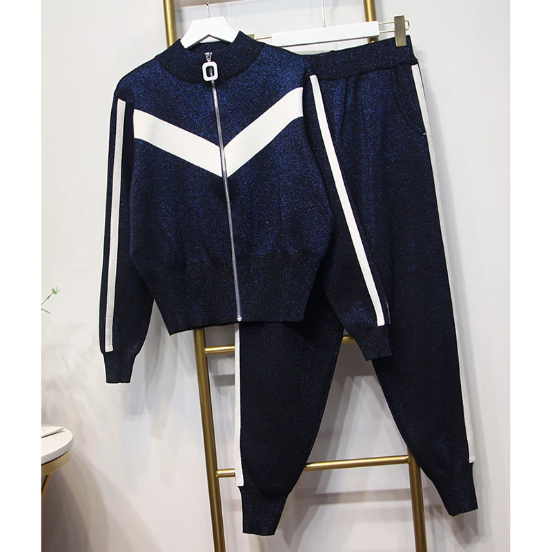 

HIGH STREET New Stylish 2019 Fall Winter Runway Suit Set Women's Color Block Patchwork Zip Sweatshirt Knitting Pants Set