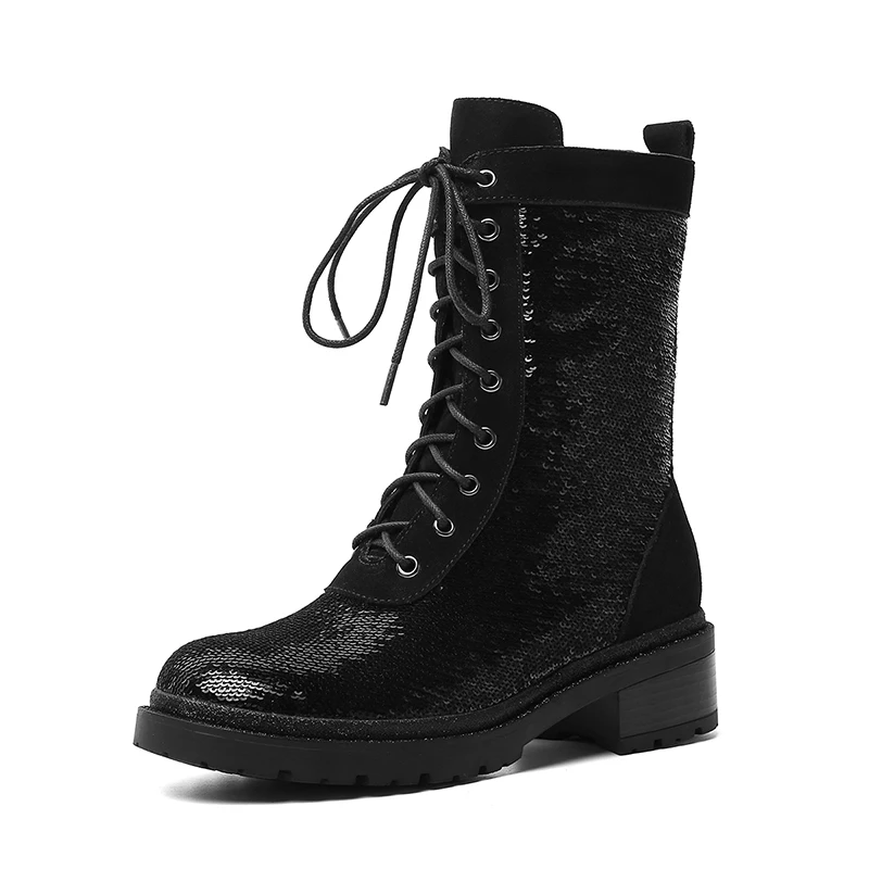 black shoes Gdgydh/ботинки до середины икры на шнуровке; ботинки на платформе и каблуке; женские пикантные кожаные мотоботы с круглым носком и блестками; сезон осень-зима; блочный каблук - Цвет: black shoes