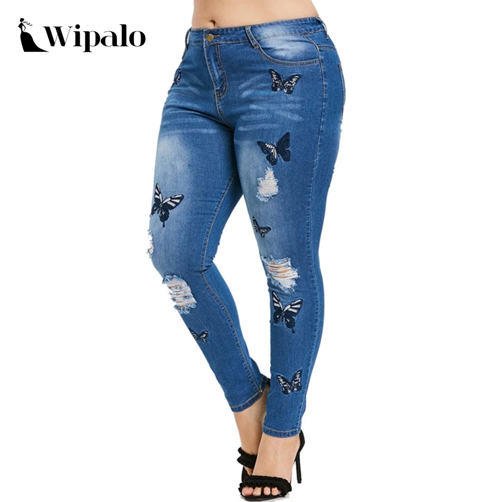 Wipalo размера плюс потертые джинсы с вышитыми бабочками женские брюки узкие брюки с высокой талией джинсовые брюки женские брюки 5XL