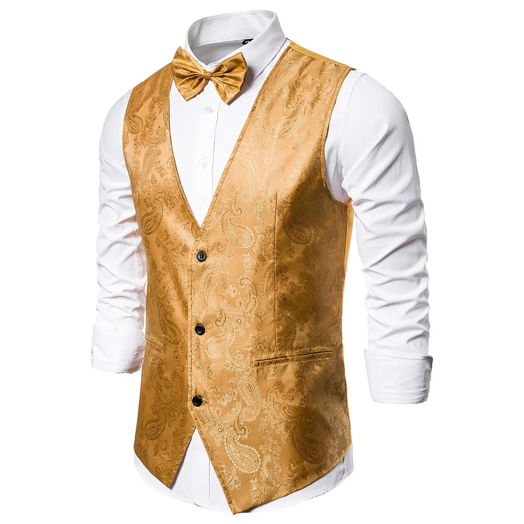 Puimentiua Men's vest suit vest Slim business solid color sleeveless vest with bow print single-breasted suit vest 2019
