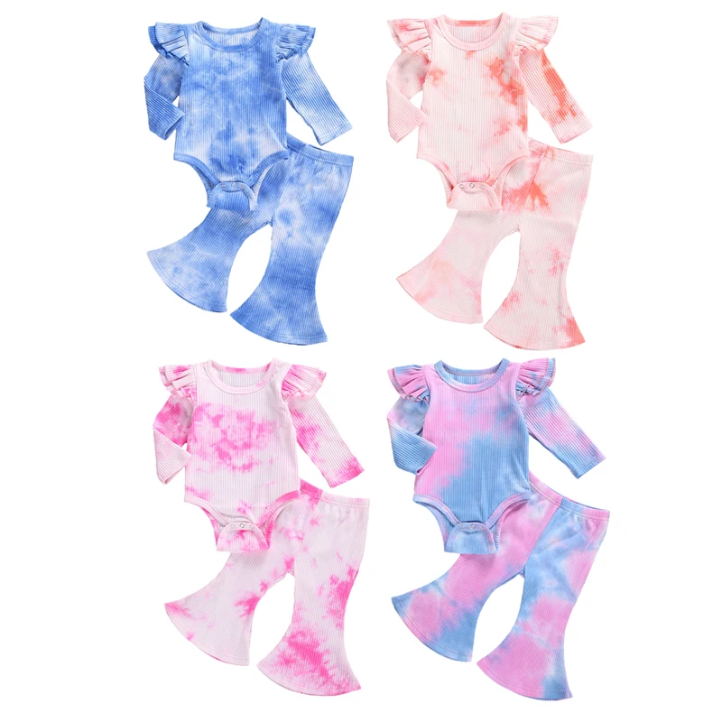 2020 Fashion Autumn Toddler Baby Girl Boy Tie-dye Clothes Set Long Sleeve Bodysuits Tops + Flare Pants Cotton Soft Outfits | Детская