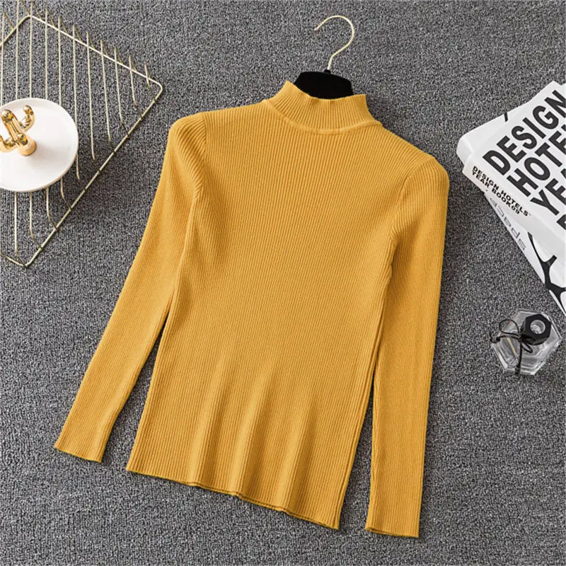 Корейский осень зима желтый половина водолазка тонкий эластичный пуловеры свитеры для женщин Сплошной джемпер вязаный свитер женский